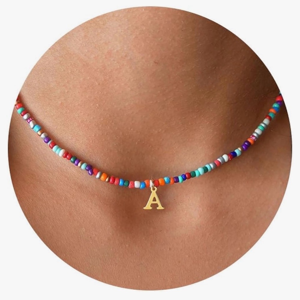 New colorful beaded A initial necklace boho
